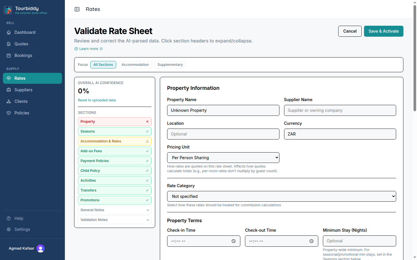The Validate Rate Sheet page with section confidence checklist and the property editor